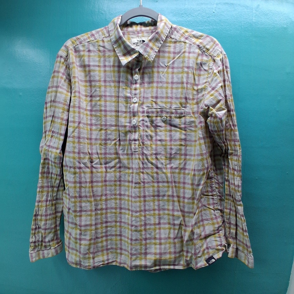 The North Face Popover Shirt L Yellow Pink Plaid Organic Cotton Gorpcore Hiking